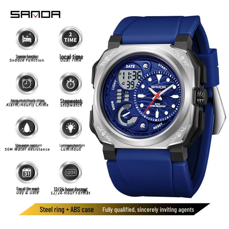 Sanda Dual Display Waterproof Sports Watch with Alarm  Dual Time Zones for Students