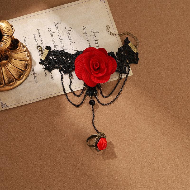 Black Lace Red Rose Finger Bracelet With Ring Harness Slave Link With Ring Bracelet Accessories Party For Women