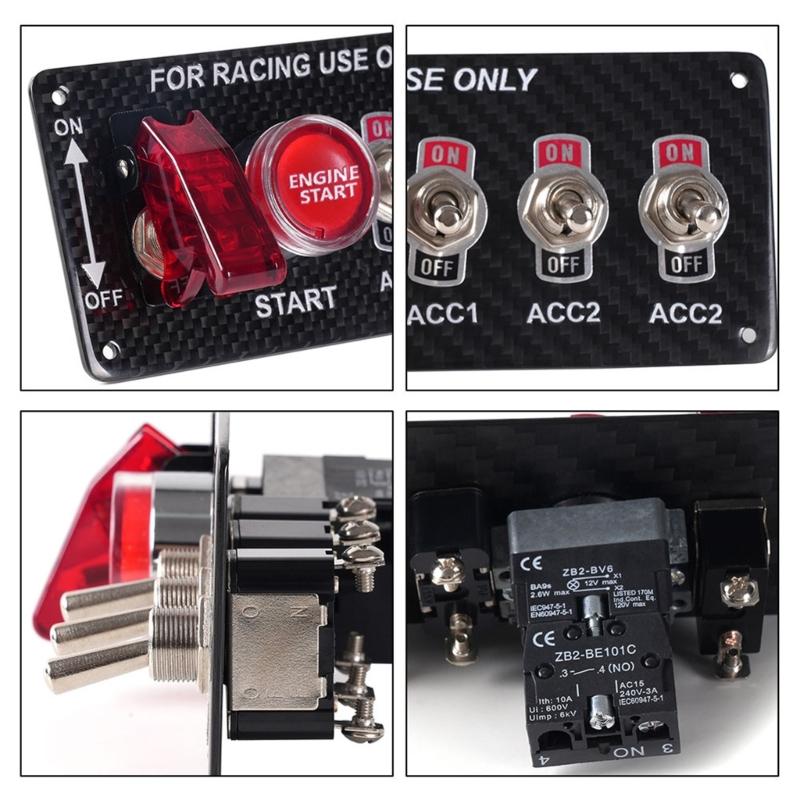 Kohlefaser-Panel Zündschalter-Kippschalter-Kit, Motor-Druckknopf-Startknopf Passend für Rennwagen, LKW, Boote, Wohnmobile
