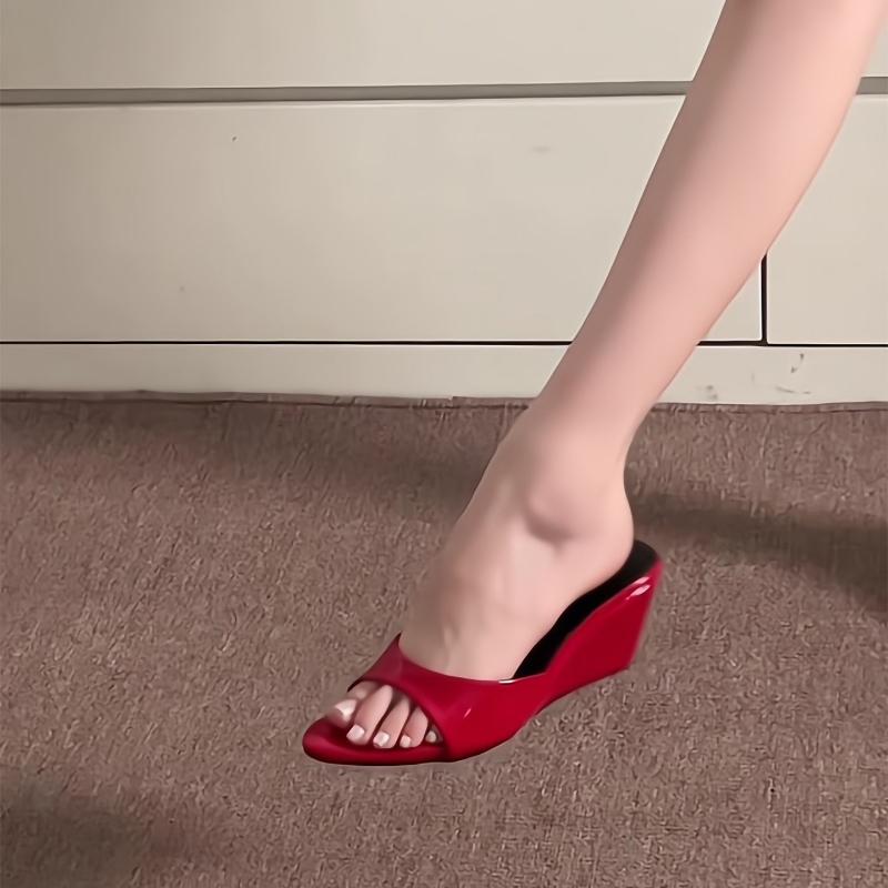 Summer Wedges Heel Women Slippers Comfort Open Toe Slip On Pumps Ladies Outdoor Patent Leather Daily Wear Party Dress Slides