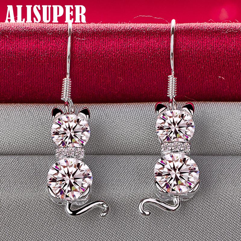 925 Sterling Silver Cat AAA Zircon Drop Earring Jewelry