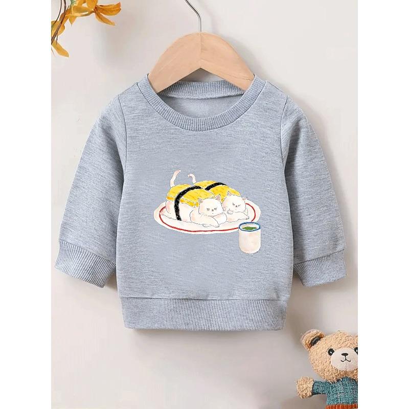 Sushi Cat Print 0-3 Years Girls' Spring/Autumn Fun Style Long Sleeve Round Neck Sweatshirt