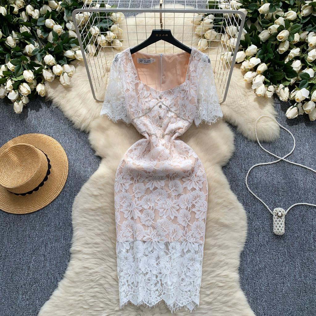 Sommer Frauen Elegante Quadrat Kragen Perlen Spitze Häkeln Blume Büro Arbeit Party Schlank Bodycon Bleistift Kleider