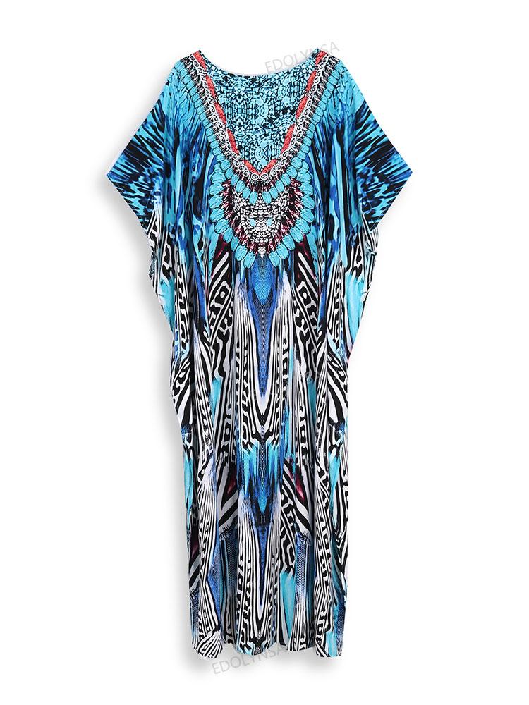 EDOLYNSA Bedruckte türkische Robe mit Fledermausärmeln, Sommer-Tunika, Plus-Size-Bademode, Cover-Up für Damen-Bademode, blaue Kaftan-Kleider, Q1415