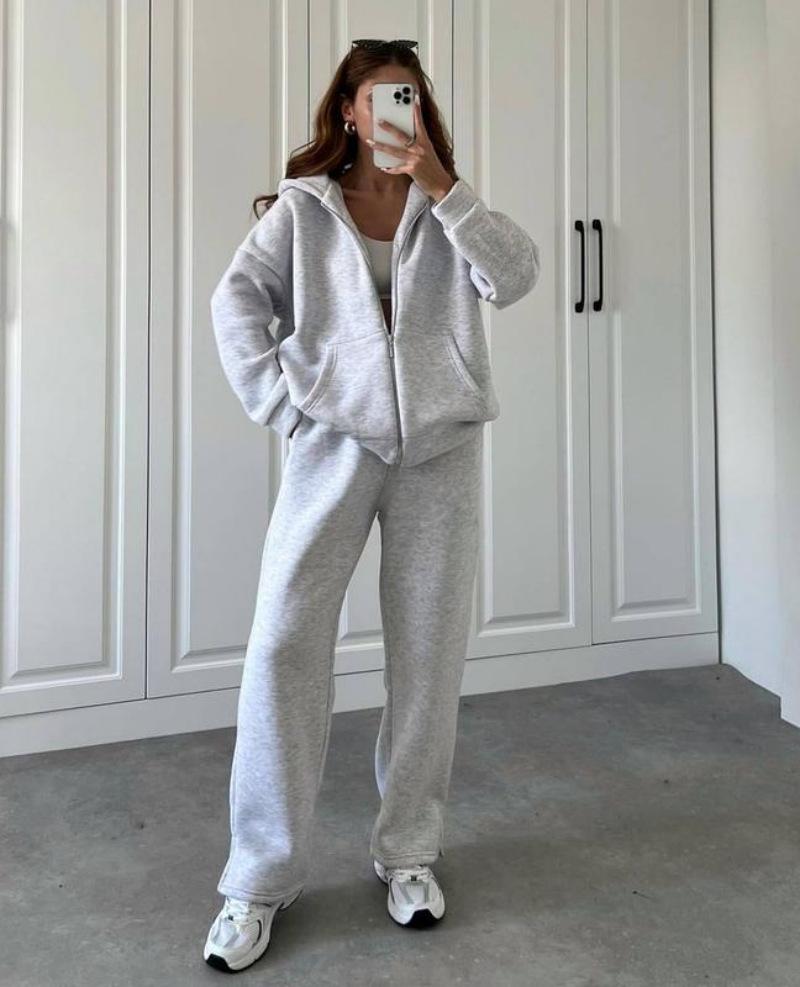 Europe, America, cross-border, women's clothing 2025 new fashion casual suit solid color long-sleeved sweater zipper trousers two-piece set
