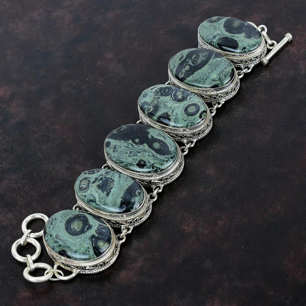 Kambaba Jasper Bracelet Handmade Gemstone Bracelet 925 Sterling Silver Bracelet Vintage Jewelry Adjustable Chain Bracelet Anniversary Gifts