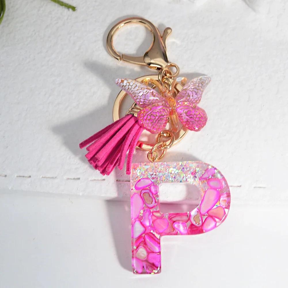 Gradient Pink Jewelry Letter Keyring Resin Letter Keychain with Fringe Butterfly DIY Bag Decoration Pendant Party Gift