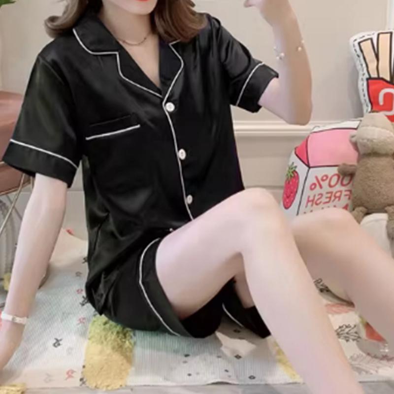 

Женский шелковый атласный пижамный комплект из двух частей, пижамные комплекты, одежда для сна, домашняя одежда, пижама на пуговицах, женская пижама из 2 предметов, домашняя одежда, шорты S чёрный