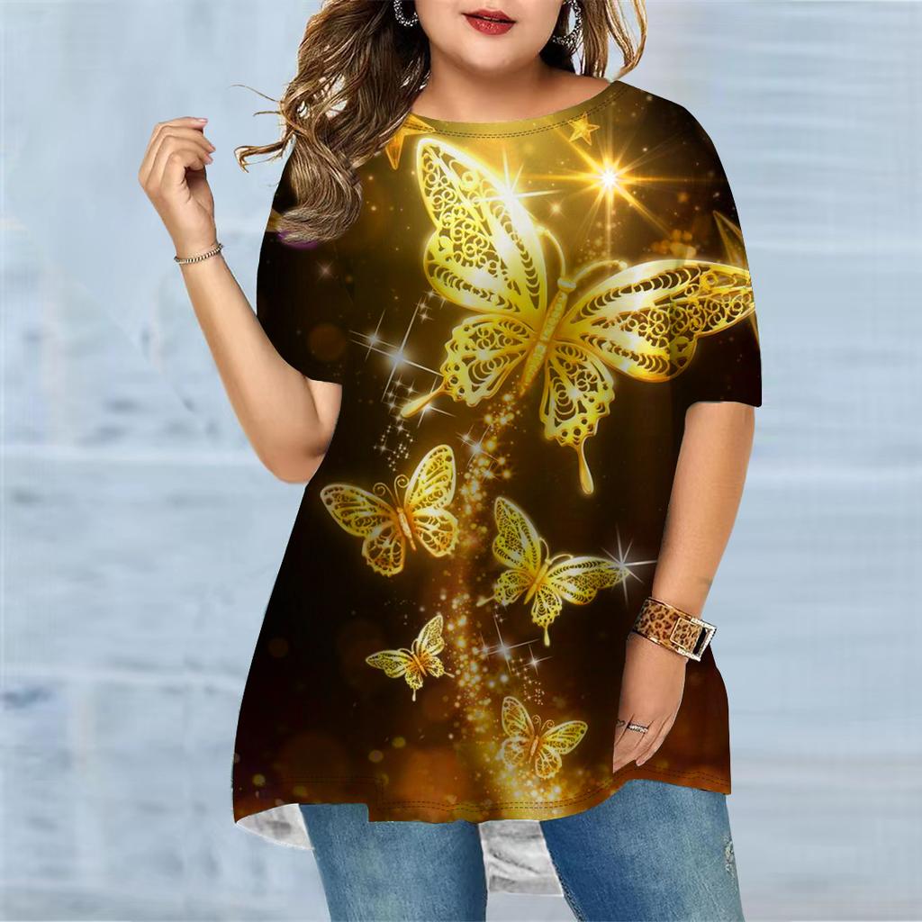 Plus Size Women's Summer Rainbow Butterfly Print Comfortable Short Sleeved Round Neck T-shirt Casual Baggy Medium Length T-shirt