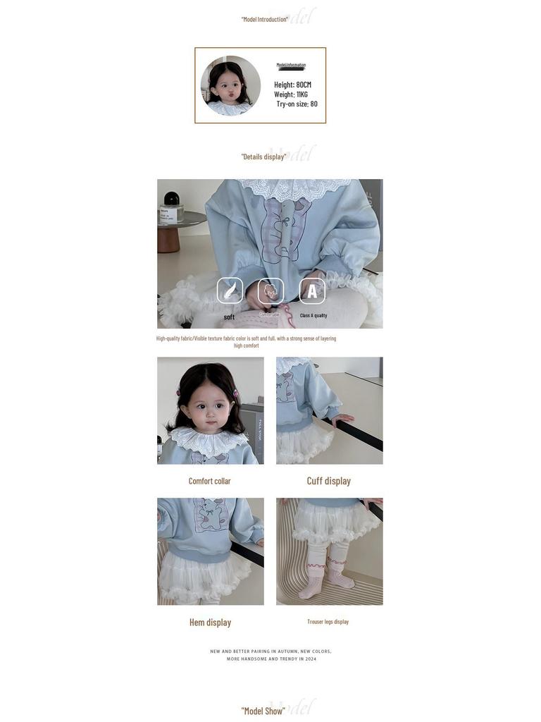 Korean Style Baby Girl Autumn Sweatshirt & Skirt Set with Cartoon Print