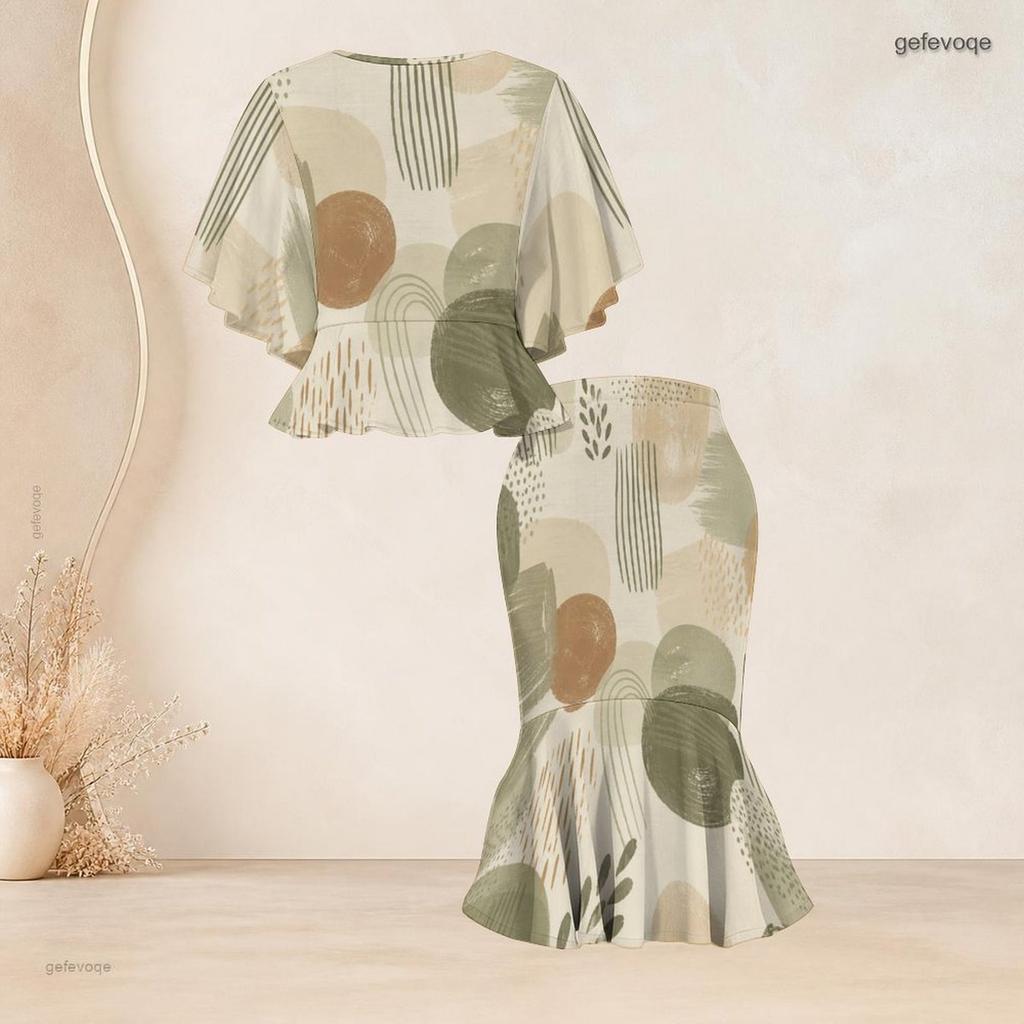 Women Plus Size Round Neck Printed Batwing Sleeve Ruffle Hem Top Fishtail Skirt Two Piece Set