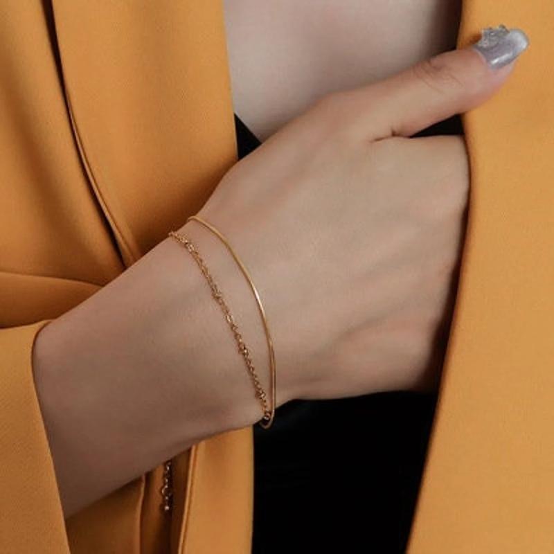 CARLIDANA Friendship 18K Gold Plated Stainless Steel Jewelry Gold Skinny Chain Bracelet Double Layer Bracelets Birthday Gift