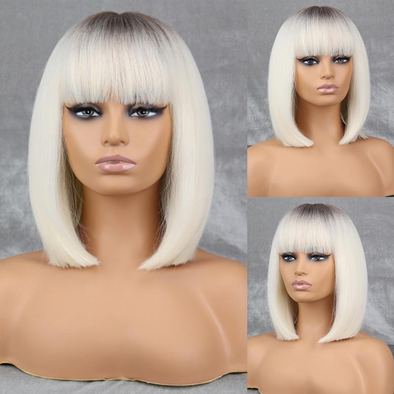 

LISI HAIR Женская мода до плеч Коричневый прямой парик Боб с челкой Синтетическое волокно Натуральный цвет Повседневная одежда Парик Боб