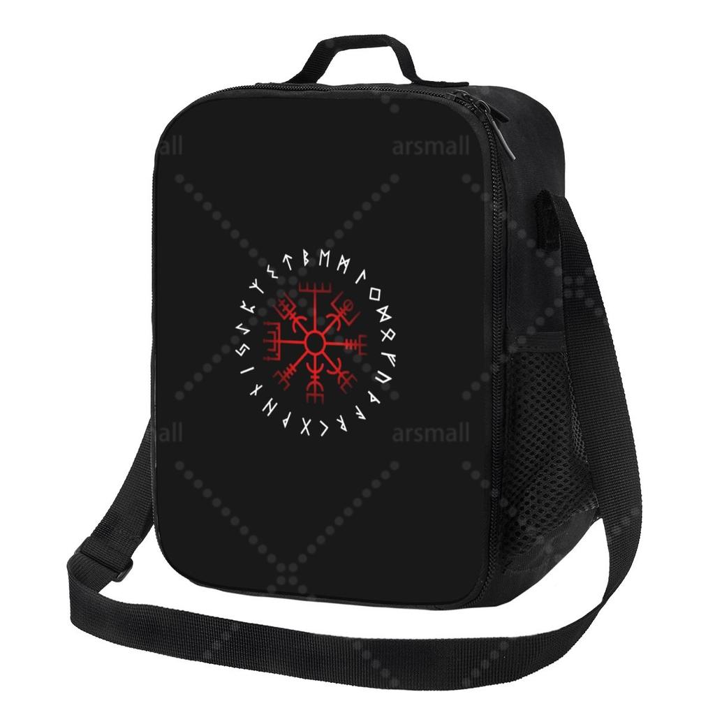 Red Viking Mjolnir And Norse Rune Lunch Bag with Adjustable Shoulder Strap Reusable Thermal Bento Tote for Work Picnic Beach