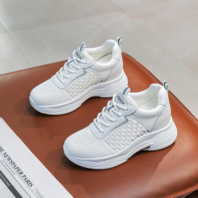 

Spring new slope heel muffin platform casual shoes inner height increase women s shoes small white shoes flying woven breathable 38
