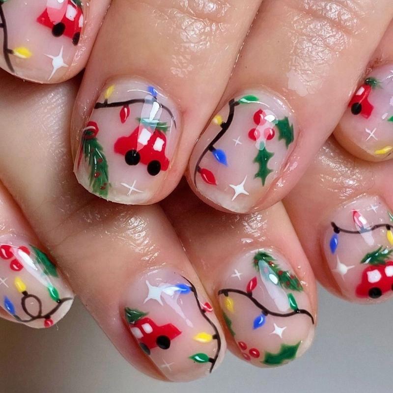 Christmas Light Strips Full Cover Stick on Nails Christmas Press On Nails Artificial Nails Cartoon Car False Nails 1
