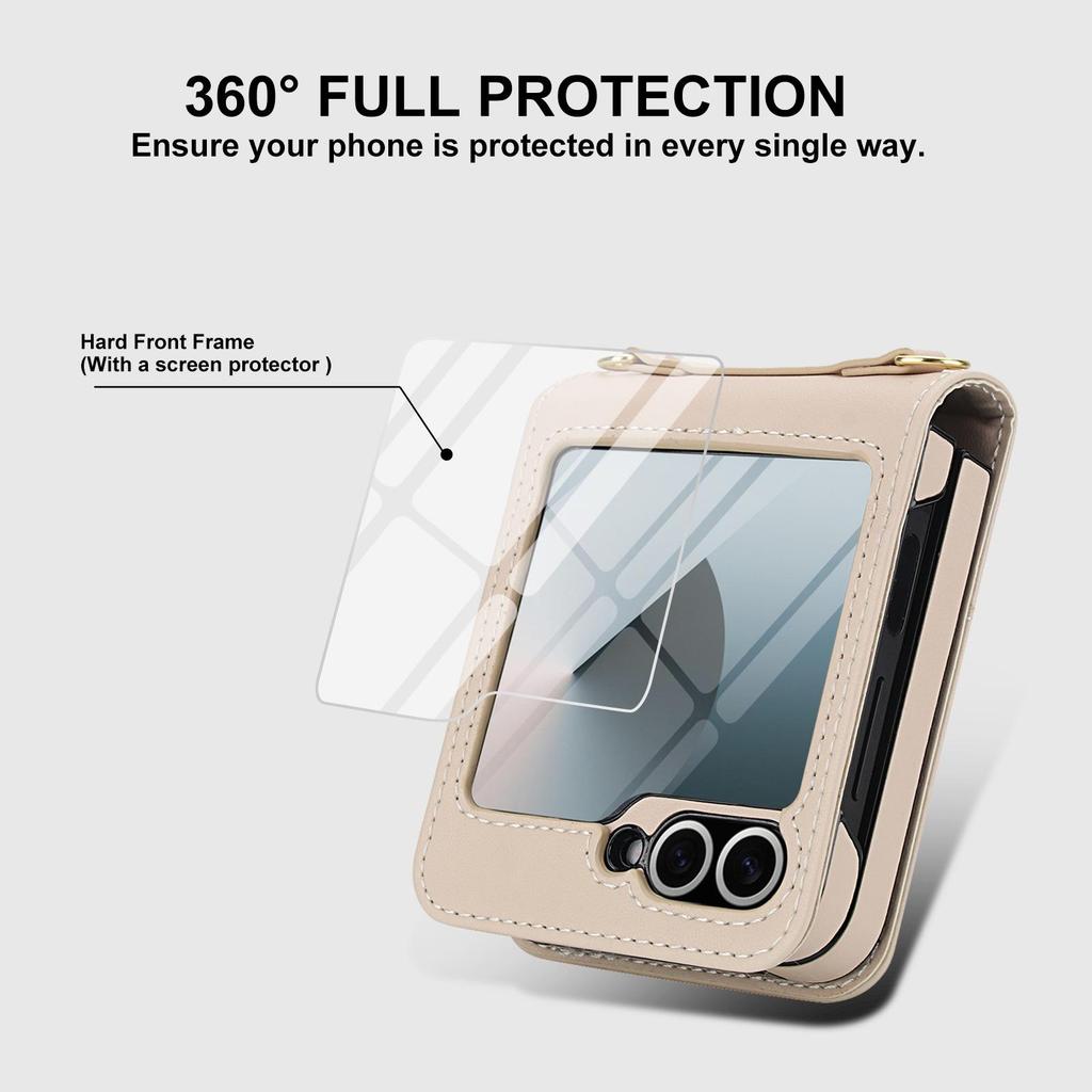 Samsung Flip6/7 Leather Crossbody Phone Case with Card Slot & Tempered Film Protection