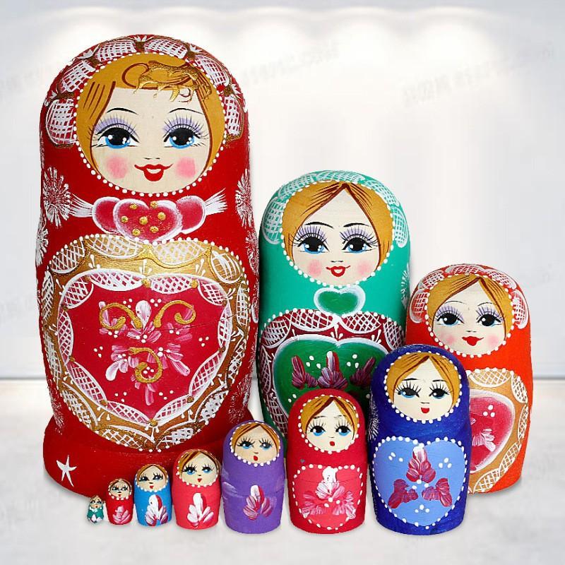 

Russian nesting dolls, 10-piece wooden toy set for children, 21 cm tall A