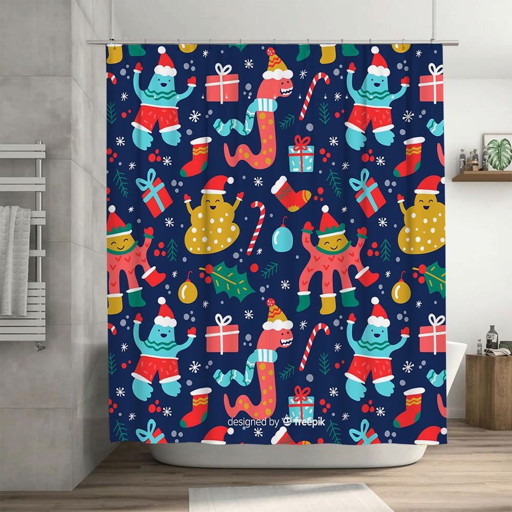 Christmas-themed shower curtain featuring colorful monster designs, perfect for festive home decor during holiday season