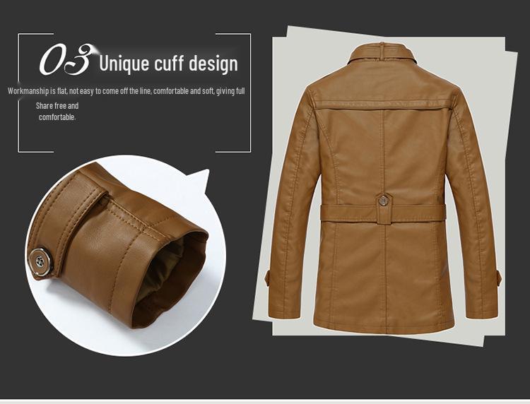 Men's Winter Fleece-Lined Leather Jacket, Mid-Length, Thickened, Casual, Middle-Aged, Warm Cotton Coat