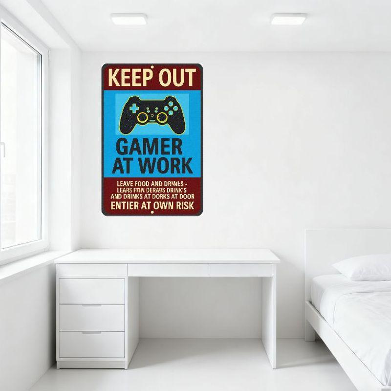 Vintage 'KEEP OUT' Gamer At Work Metal Tin Sign - Blue Red Yellow Warning Board for Home Office Man Cave Decor