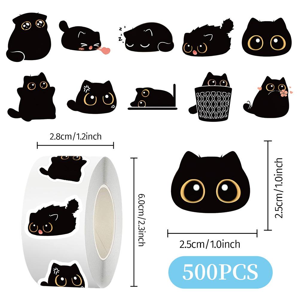 500 Pcs/Roll Cute Black Cat Cartoon Stickers Graffiti Aesthetic Decoration Luggage Laptop Computer Journal Stickers
