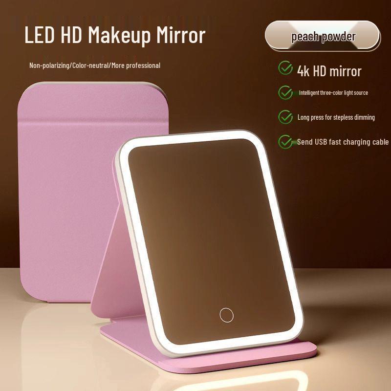 Foldable LED Makeup Mirror with HD Light - Portable, Stylish for Dorms and Desktops