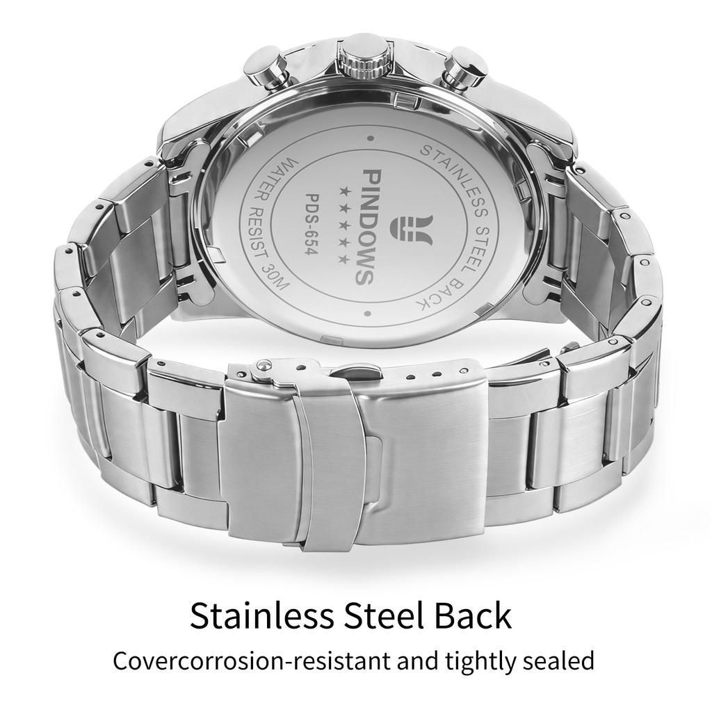 PINDOWS Stainless Chronograph Quartz Watch with Automatic Date Function Men's Watch, Fashionable, Minimalist, Business, Durable, Steel, Waterproof,