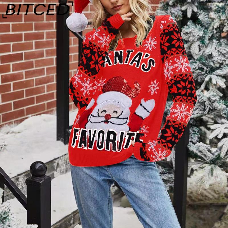 BITCED Damen Weihnachts-Pullover mit Weihnachtsmann-Stickerei O-Ausschnitt Strickpullover