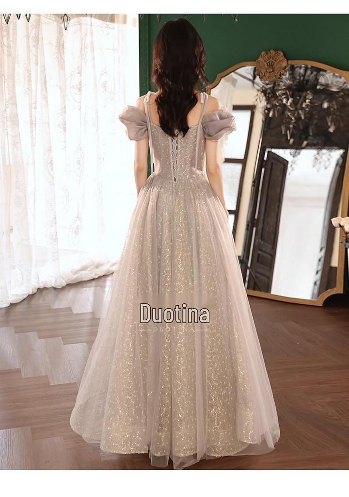 Graues Neckholder-Abendkleid - Damen 2026 Neuer Stil: Luxuriöses Bankettkleid für Zeremonien, Gesangsprüfungen