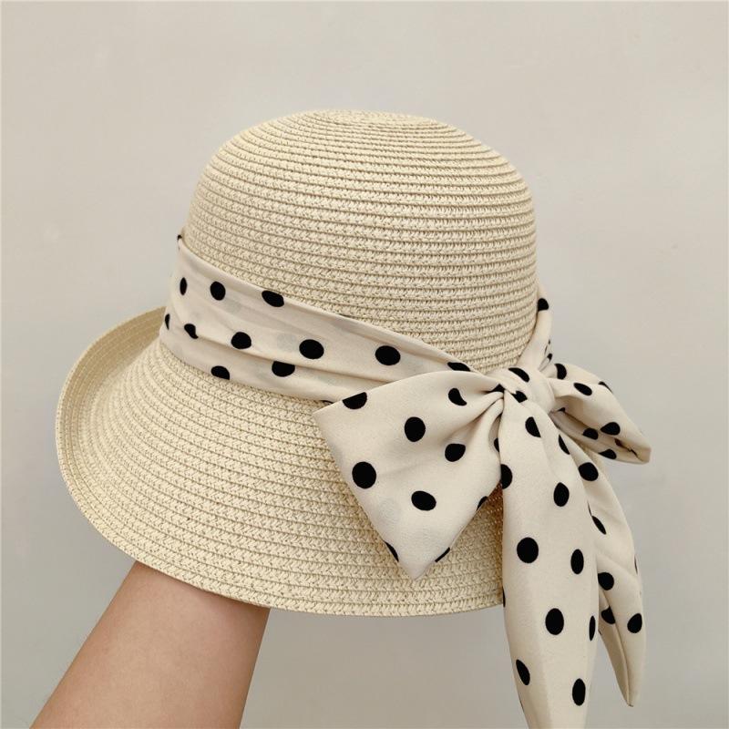 French Retro Style, Elegant Polka Dots, Bow Tie, Sun Hat, Straw Hat, Women's, Summer Seaside Vacation, Beach Sun Hat