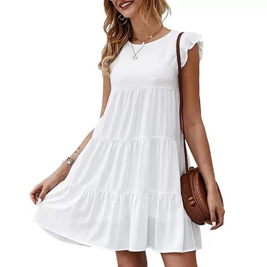 New Summer Solid Color Crew Neck Short Sleeve Dress Casual Ruffled High-Waisted Swing Dress