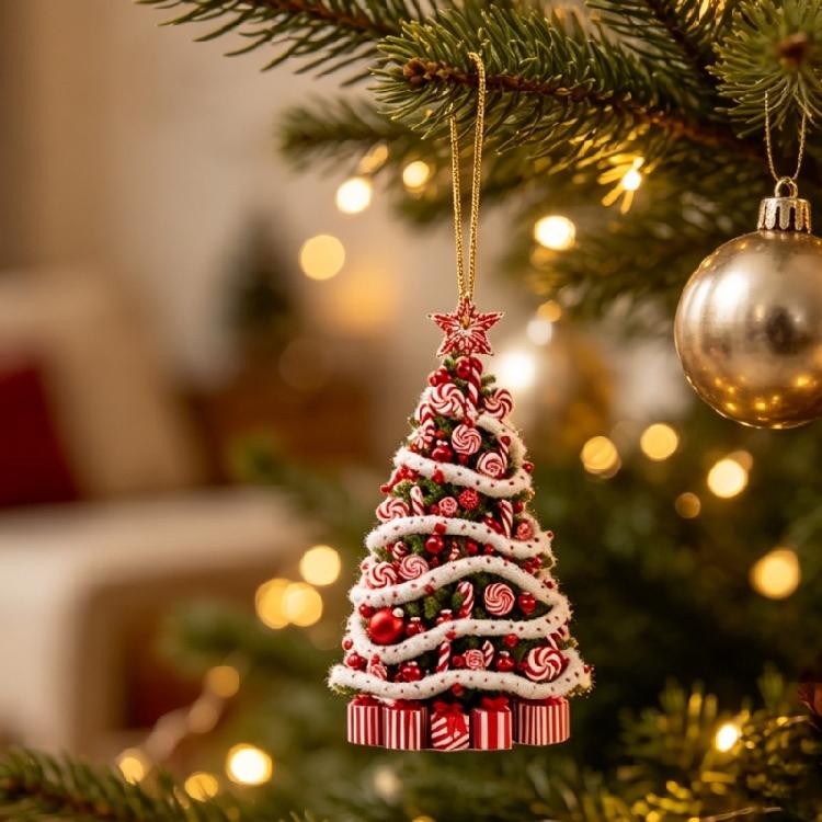 Holiday Room Accent Ornament in Acrylic, Christmas Tree Theme, 3.14 In with Loop for Home, Wreath, and Shelf Use