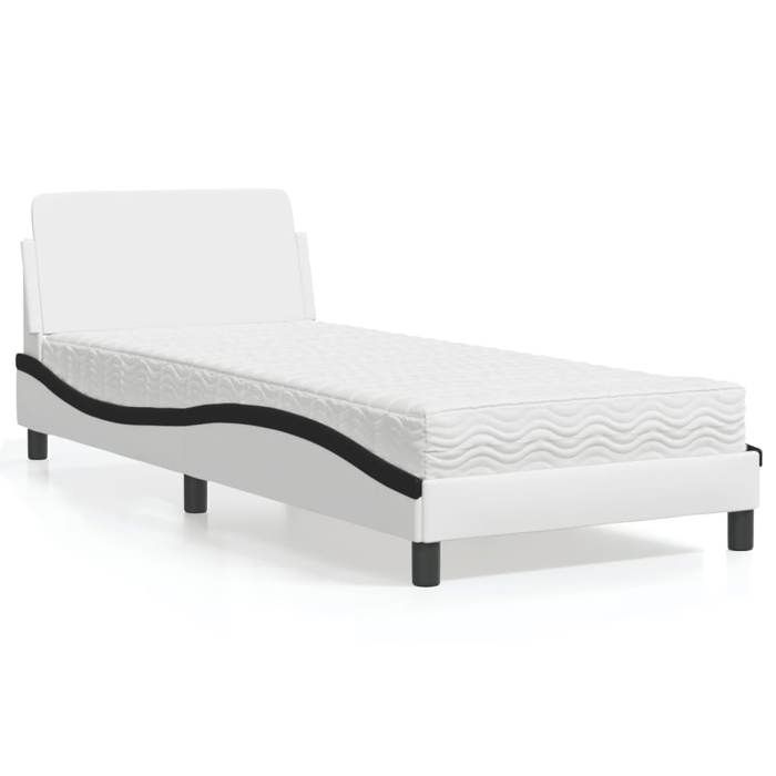 VidaXL Lit avec matelas blanc et noir 90x200 cm similicuir, meuble de chambre à coucher, lit simple, cadre de lit incurvé, 3208343
