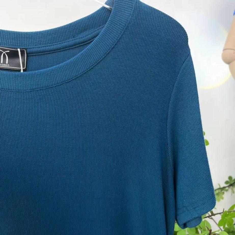 European Plus Size Ribbed Loose Short Sleeve T-shirt, Women's Green Base Layer Blouse