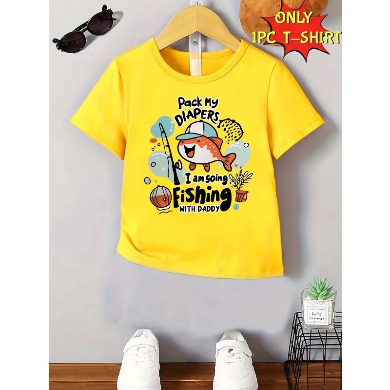 European Sizes WML Boys' Cartoon Fish Fishing Print Pattern Cute Casual T-shirt