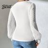 Casual Women Shirt Tops V-Neck See-Through Lantern Long Sleeves Tee Solid Color V-neck Top Slim Fit Pullover Daily Wear Blouse