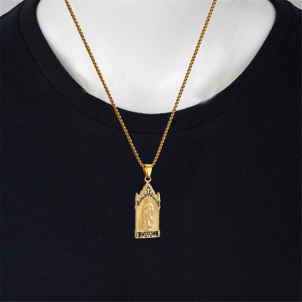 Religious Virgin Mary Madonna Pendant Necklace Gold Color Stainless Steel Chain For Women Men Christian Jewelry Gift XL1296