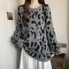 American Leopard Print Loose Long Sleeve Knit Pullover Plus Size Sweater for Women