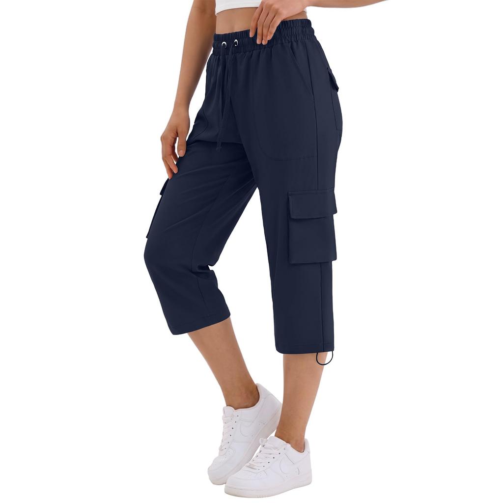 Women Casual Solid Color Loose Fit Sport Cargo Capri Pants with Elastic Waist and Adjustable Drawstring for Outdoor Activities