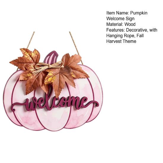 3D Embossed Welcome Text Wooden Pumpkin Sign for Front Door, Rustic Fall Harvest Hanging Pendant with Thanksgiving Party Supplies Letters And