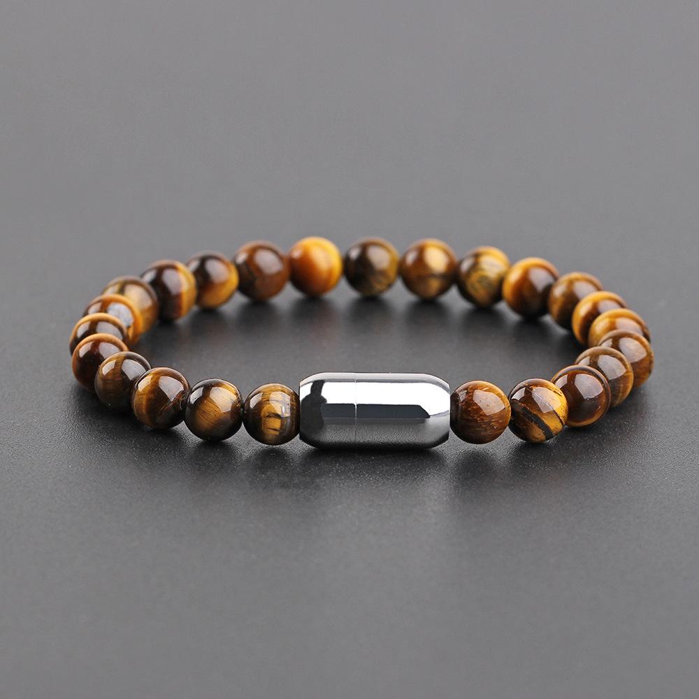 Stylish Tiger Eye Stone Beaded Bracelet with 8MM Round Stainless Steel and Yellow Beads
