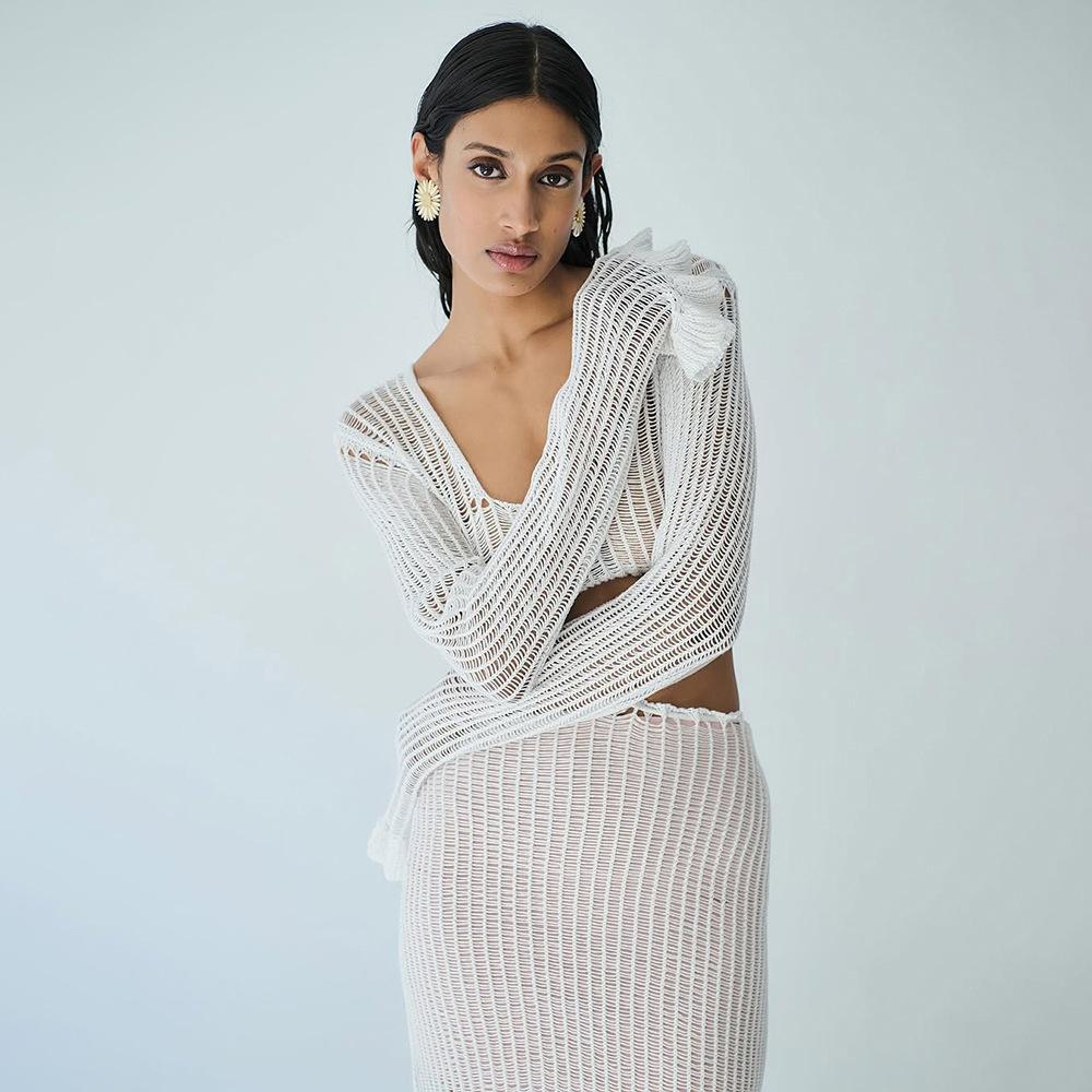 New Sexy Hollow Lotus Skirt Hem Knitted Beach Skirt Bikini Hoodie Dress