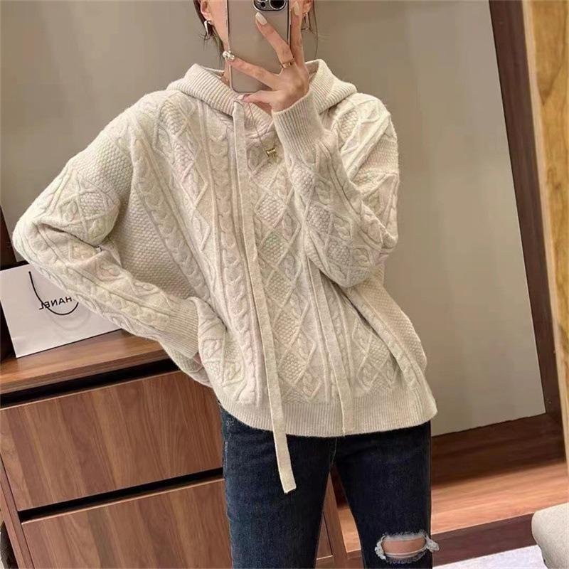 Kapuzenpullover mit verdrehten Streifen Damen Herbst und Winter Neue Mode Fauler Stil Lässiger Strickcardigan Lockere Damenbekleidung