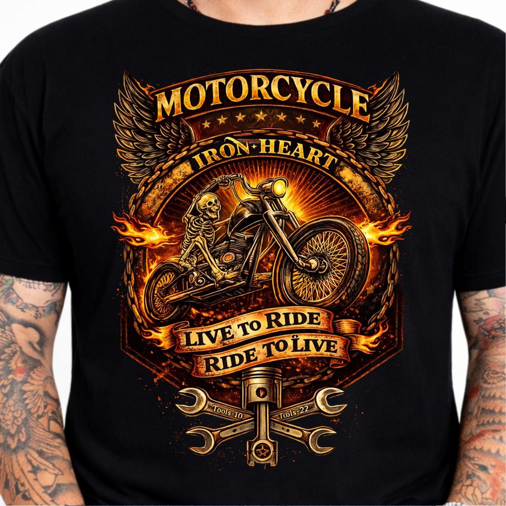 Motorcycle Iron Heart Live To Ride Skeleton Biker Chopper Flames Graphic T-Shirt
