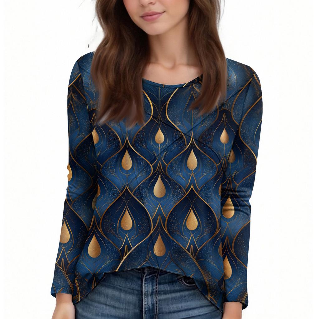 Mote Dame Langermet Rund Hals Casual Plissert Retro Blomstret Løs Topp