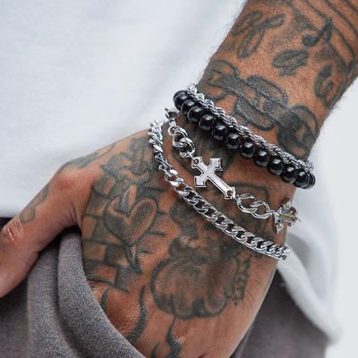 4 Stück Edelstahl Armband Set Für Herren Damen Punk Mode Kreuz Perlen Kettenarmbänder Schlicht Hip Hop Unisex Schmuck Geschenk Neu