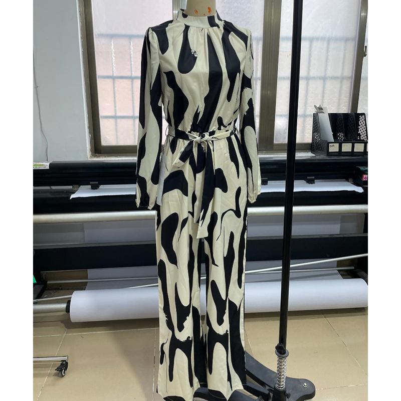 Fashion Stand Collar Long Sleeve Print Casual Jumpsuits Women Bodysuits Elegant Slim Fit Loose Woman Jumpsuit Simple High Waist Ladies Rompers 25907