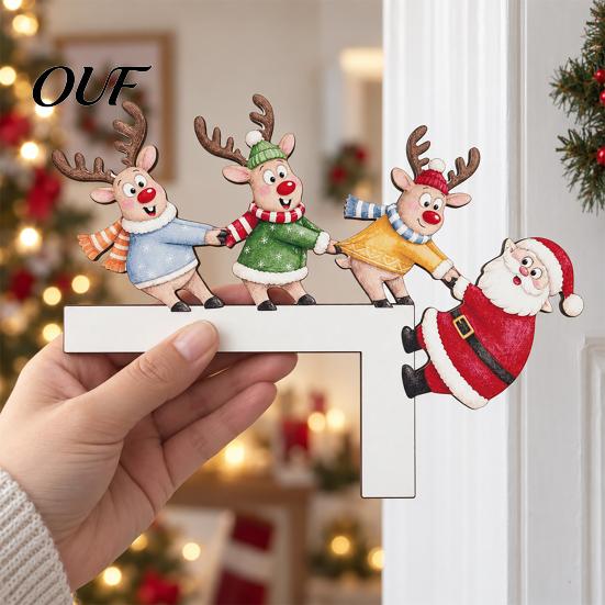 Holiday Indoor Wall Decoration Wooden Christmas Door Corner Decor, Santa Claus Reindeer/Snowman Topper Reindeer Frame Ornament for Home Decoration,