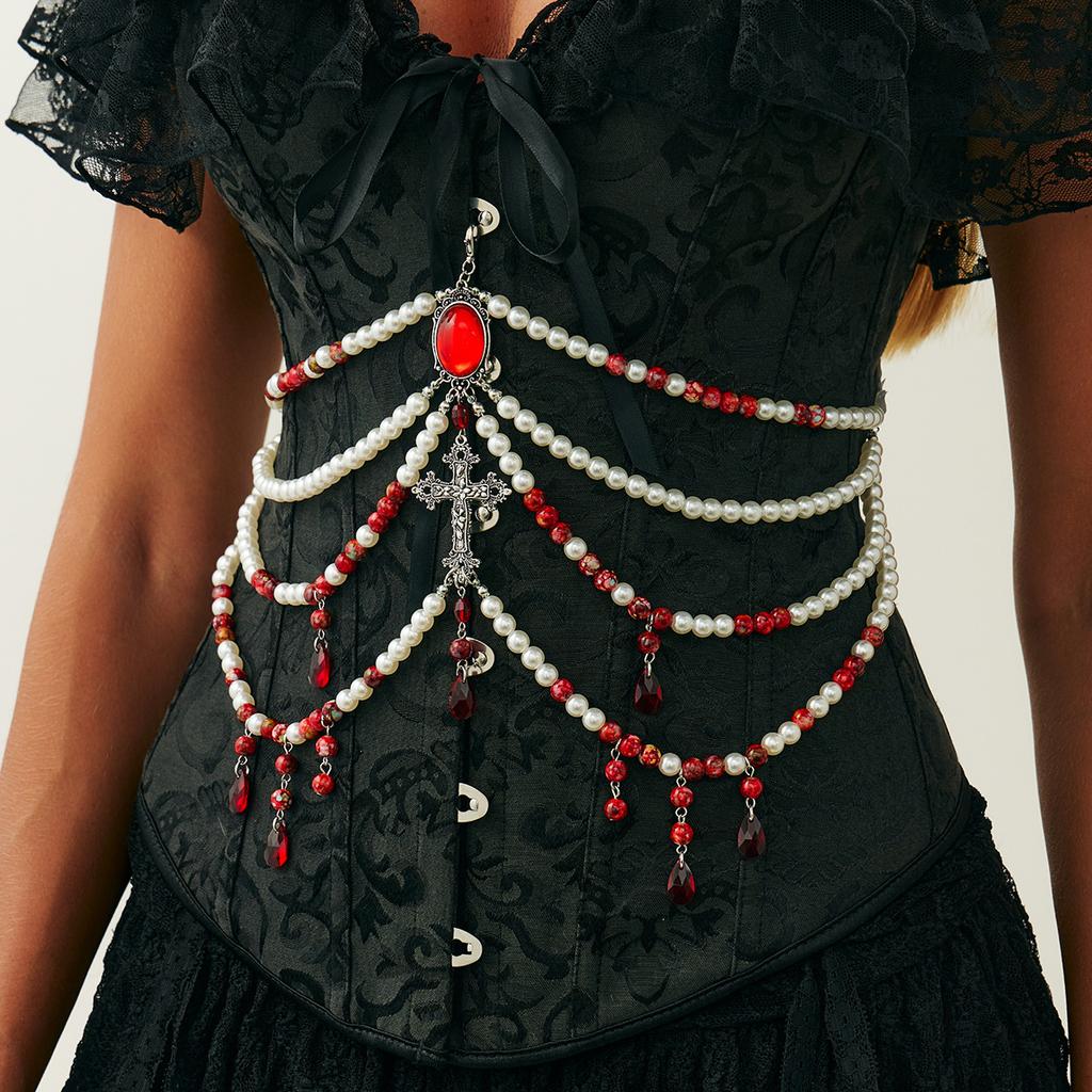 Halloween Blutbefleckte Imitationsperlen Körperkette, Gotische Blut-Tropfende Kreuz Fransen Taille Kette